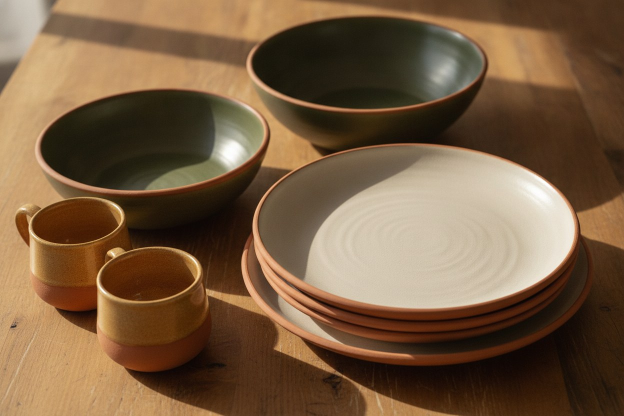 El yapımı stoneware seramik sofra takımı: krem sırlı tabaklar, zeytin yeşili kâseler ve terracotta kenarlı kupalar ahşap masada serili