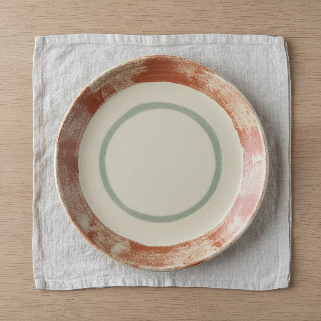 Moda servis tabağı: krem sırlı, terracotta kenarlı el yapımı stoneware tabak, üstten görünüm