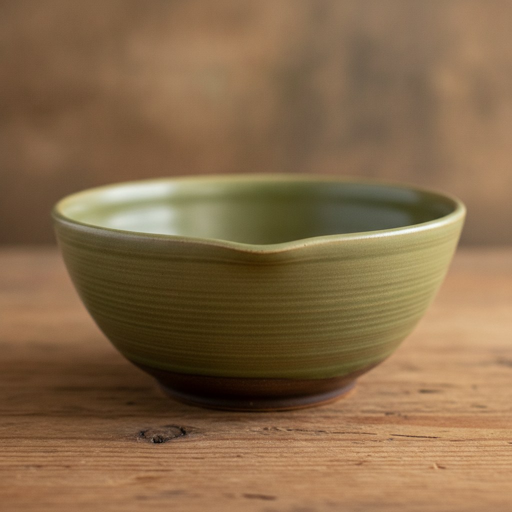 Zeytin yeşili akmaz sırlı el yapımı stoneware çorba ve salata kâsesi, yakın çekim